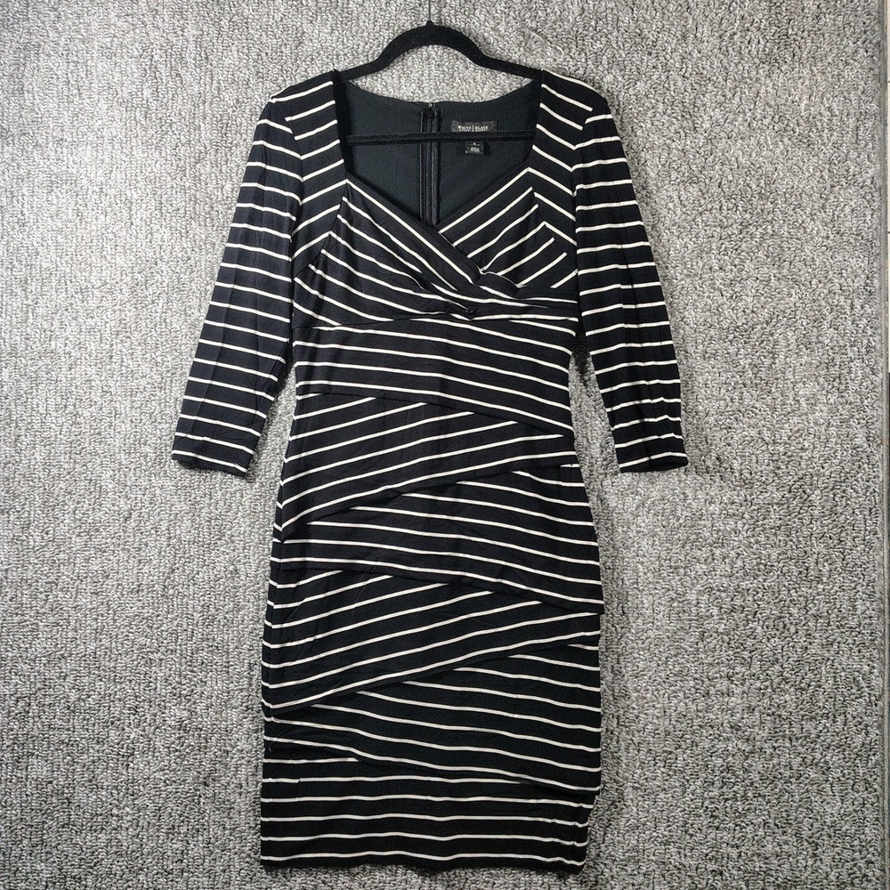WHBM Bandage Dress Black White Striped Tiered Sheath Women 6 Classic Officecore
